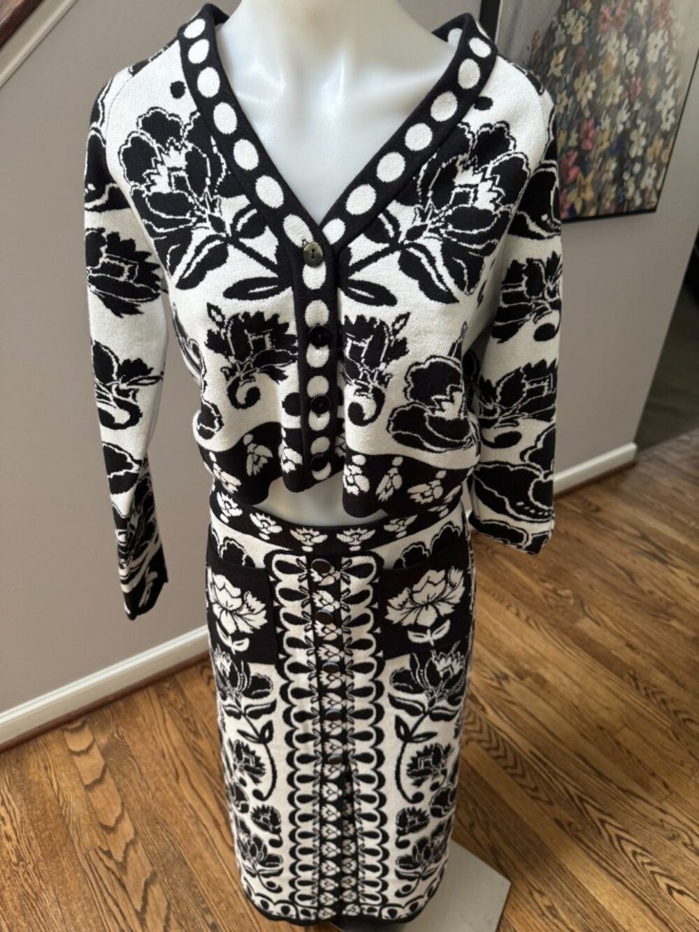 NWT FARM RIO Black & White Floral Arabesque Knit Top + Midi Skirt SET Large - Picture 2 of 7